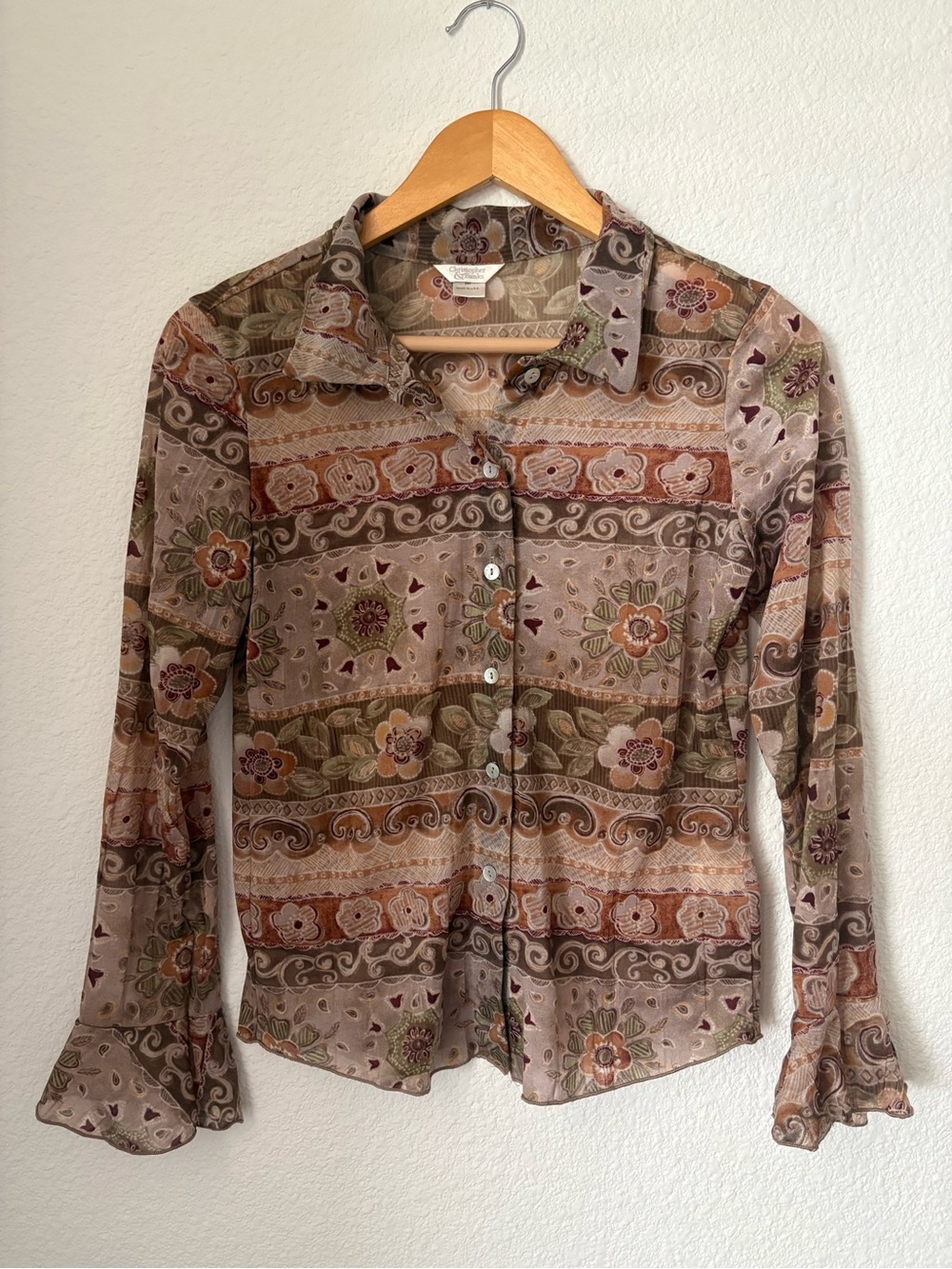 Christopher & Banks Floral Blouse Boho Y2K Bell Sleeve Button Front Top